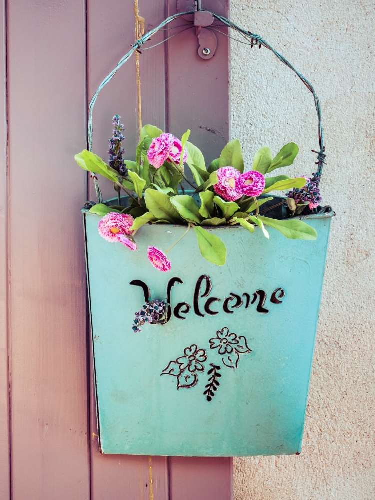 Green basket with welcome and pink English daisies