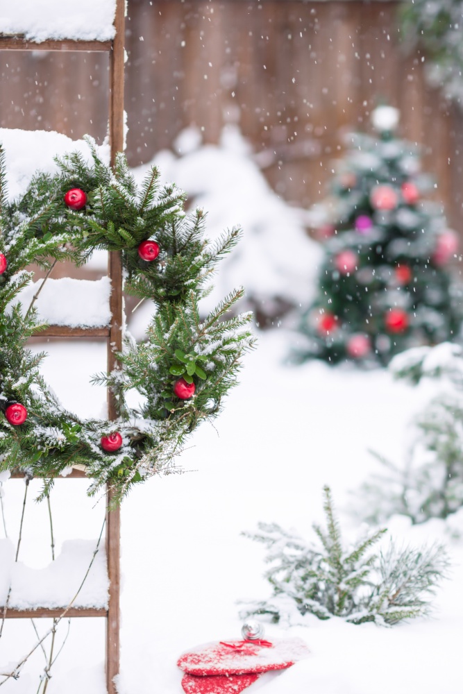 Handmade snowy wreath at Christmas