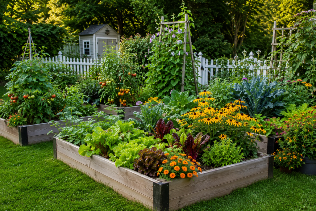 late summer vegetable and flower garden