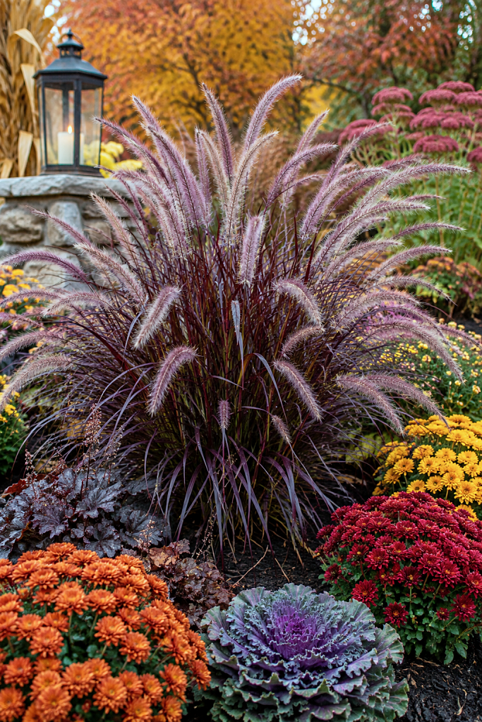 purple fountain grass in late summer garden